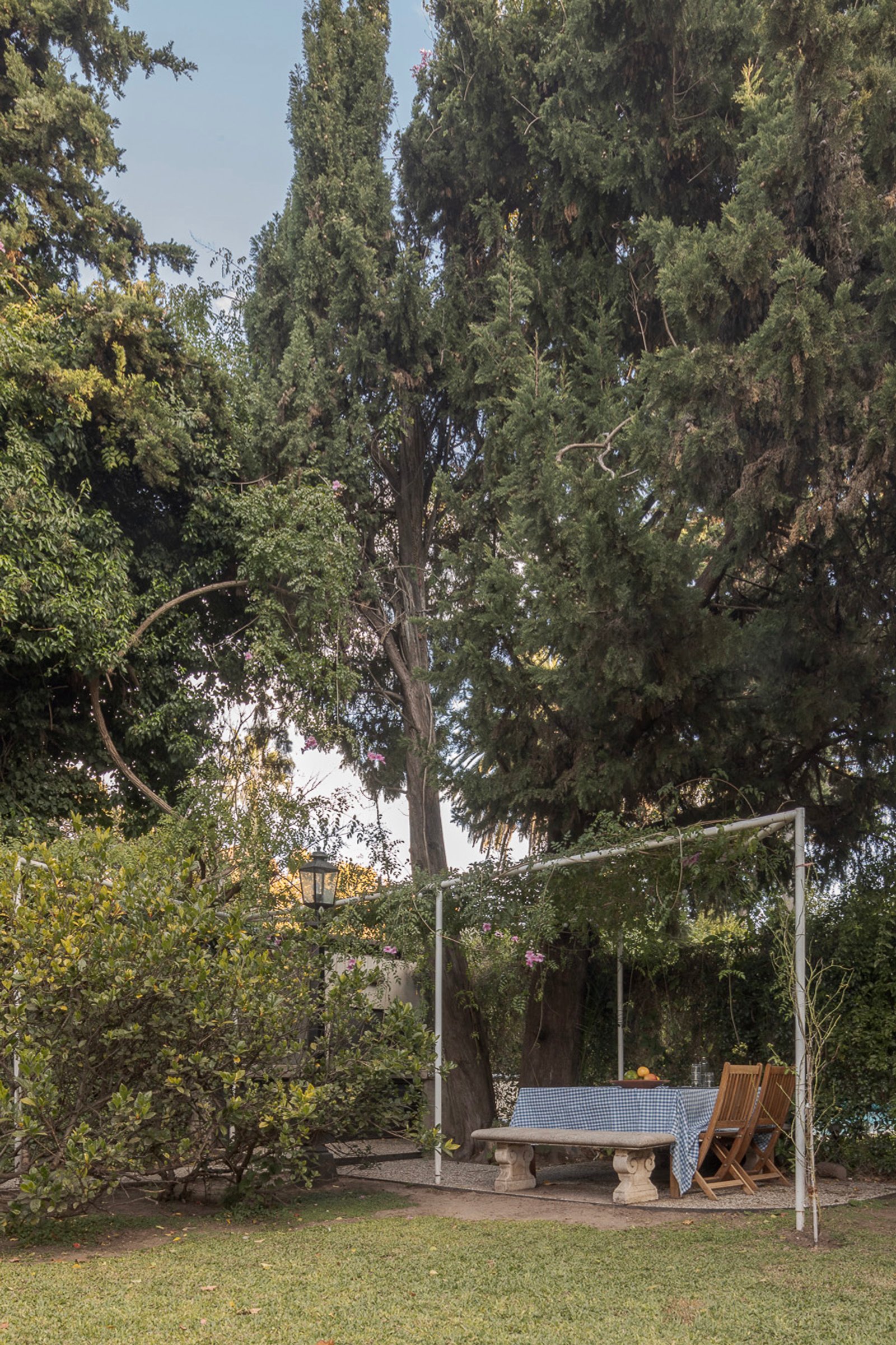 Jardim mediterrâneo com banco e mesa sob pérgola — projeto Jardines Catamarca, por Estudio YME, em B1636 Olivos